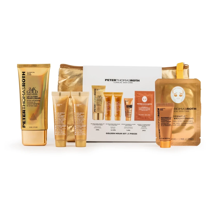 Peter Thomas Roth Golden Hour Skincare Gift Set 2025 – With Full-Size 24K Highlighter, Gold Mask, Potent-C Moisturiser & Eye Patch in Gold Cosmetic Bag – Limited Edition Glow Set