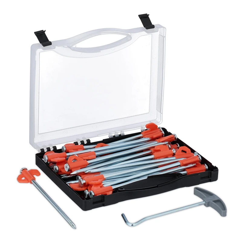 Relaxdays Tent Pegs, Set of 30, Anchors for Hard and Rocky Ground, 20.5 cm, with Box & Puller, Steel, Silver/Orange