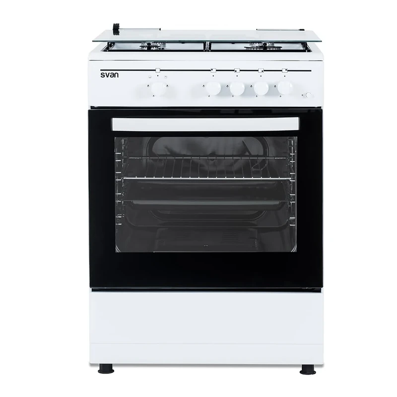 Svan Cocina Gas Butano 4 Zonas de Cocción, Horno 59 L, Blanco SKG4601. Control Manual, 2 Programas de Cocción, Cristal en Puerta de Doble Capa, Tapa Abatible