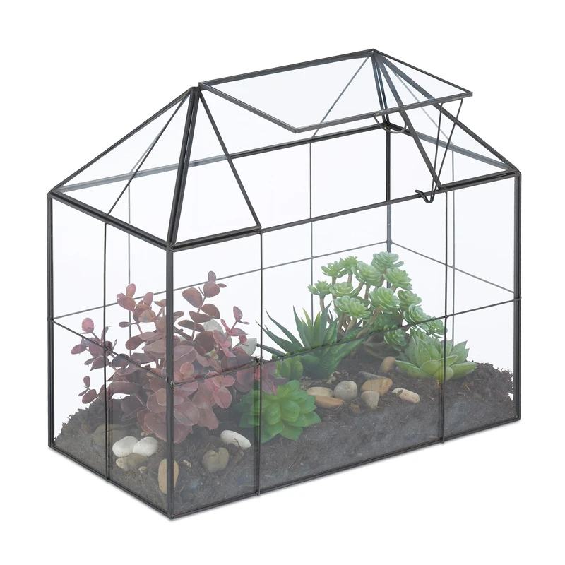 Relaxdays Terrarium, Glass & Copper, House Shape, 27x30x15 cm, Succulents & Air Plants, Mini Greenhouse, Decor, Black