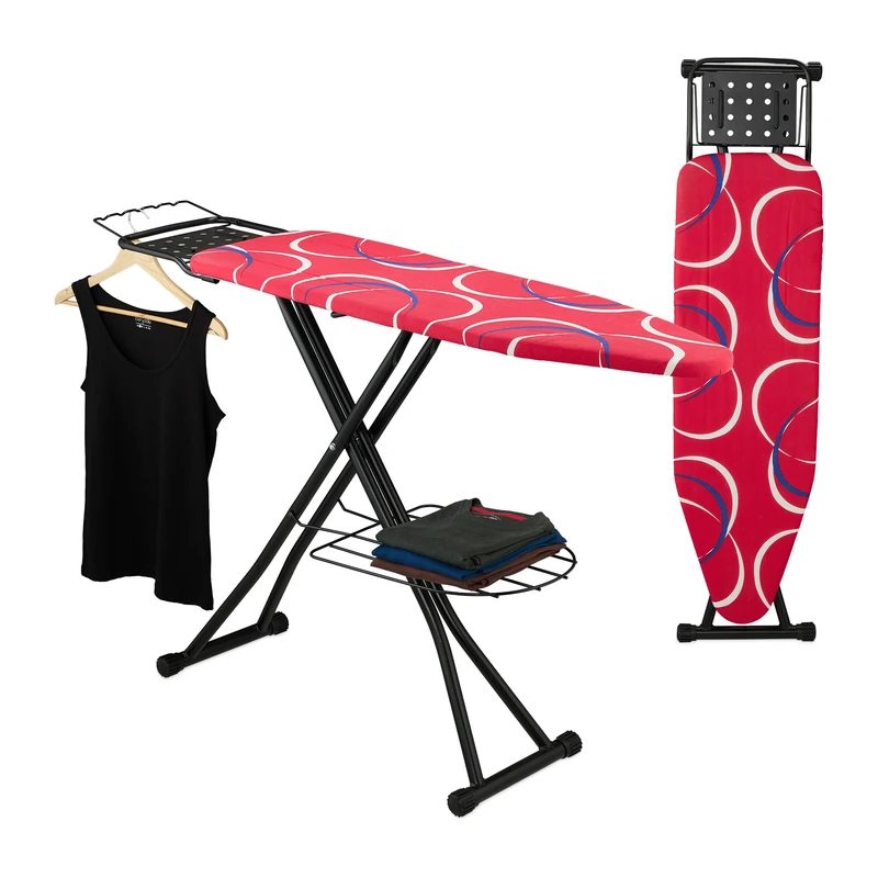 Relaxdays Ironing Board for Steam Irons, 110 x 33 cm, Height-Adjustable, Folding, Cotton Cover, Clothes Shelf, Red