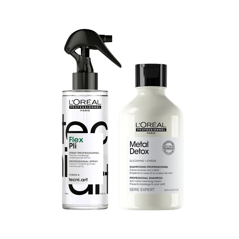 L'Oréal Professionnel Metal Detox Shampoo & Tecni Art Flex Pli, Flexible Hold & Shape Memory, Shinier Hair & Prevent Breakage & Colour Fade from Hard Water, 300ml & 190ml