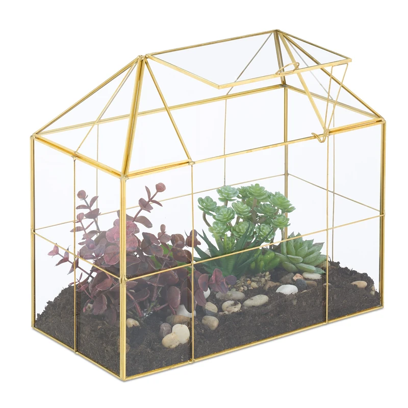 Relaxdays Terrarium, Glass & Copper, House Shape, 27x30x15 cm, Succulents & Air Plants, Mini Greenhouse, Decor, Gold - Image 1