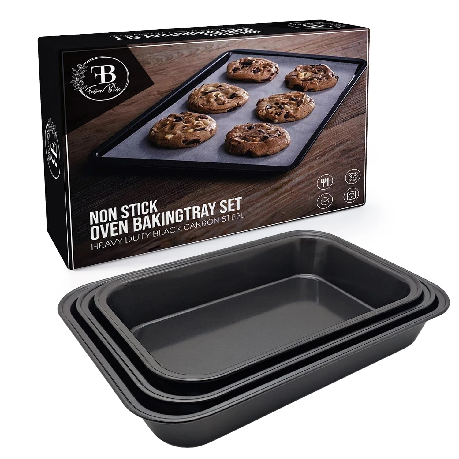 Fusion Bliss Non-Stick Baking Tray Set for Oven – Heavy Duty Carbon Steel Roasting Trays & Oven Trays – Bakeware for Cookies, Cakes, Roasting Tin, and More – Cooking Trays Assorted (Pack of 3)