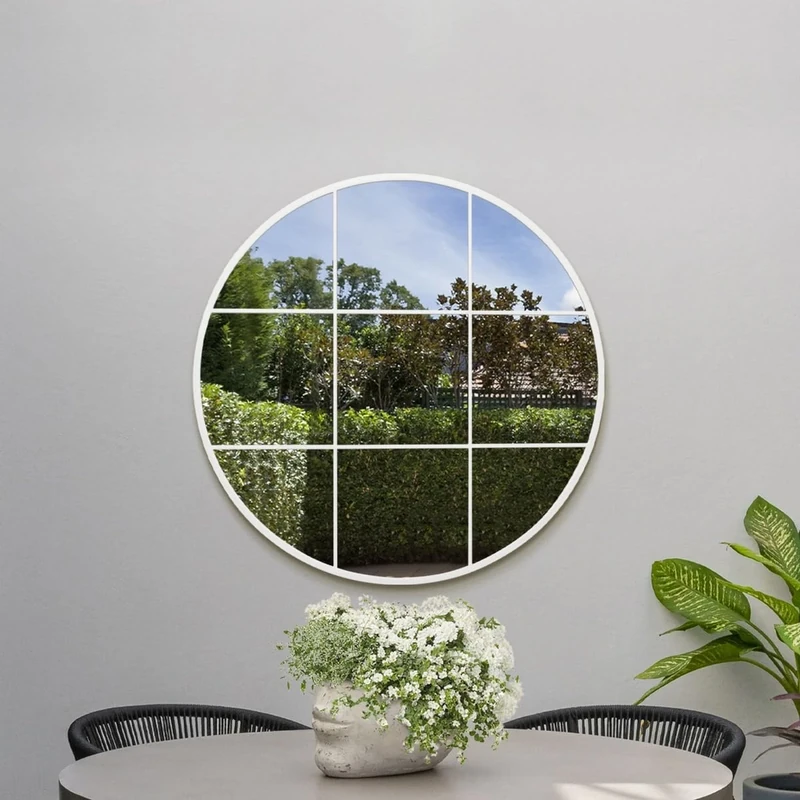 MirrorOutlet The Circulus - Solid White Metal Framed Window Modern Round Circular Garden Wall Mirror 31" X 31" (80CM X 80CM) Silver Mirror Glass with Black All weather Backing.