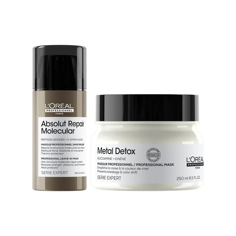 L'Oréal Professionnel Ultimate Repair: Metal Detox Hair Mask & Absolut Repair Molecular Leave-In Hair Mask, Prevent Breakage & Colour Fade from Hard Water, Molecular Bond Repair, 250ml & 100ml
