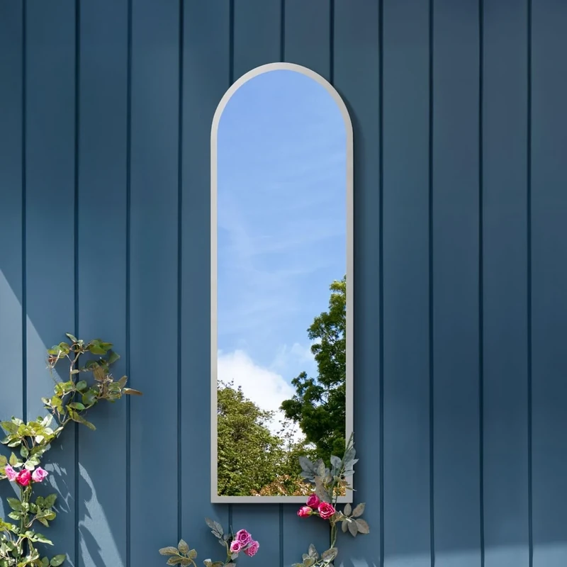 MirrorOutlet Arched Modern White Large Arched Metal Modern Garden Wall Mirror: 120 x 40cm - Suitable for Bedroom, Living Room, Dressing Room, and Living spaces. - Image 1