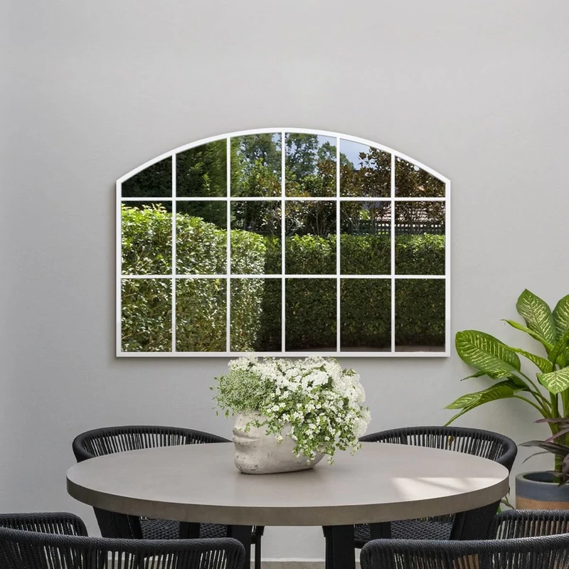MirrorOutlet The Arcus - White Framed Modern Arched Garden Wall Window Mirror 43" X 29" (110CM X 75CM) Silver Mirror Glass with Black All weather Backing.