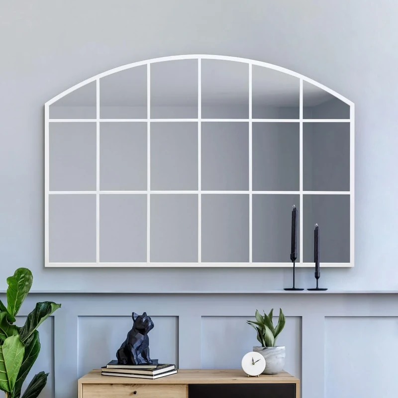 MirrorOutlet The Arcus - White Framed Modern Over Mantle Arched Wall Window Mirror 43" X 29" (110CM X 75CM) Silver Mirror Glass with Black All weather Backing.