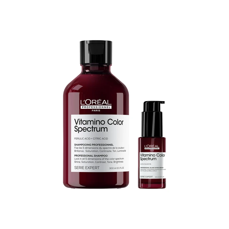 L'Oréal Professionnel Vitamino Color Spectrum Shampoo and Glass Shine Hair Serum 30ml, For Coloured Hair, Anti-Frizz, Anti-humidity, Ferulic Acid + Citric Acid, Lock in colour vibrancy for 100 days