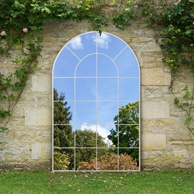 MirrorOutlet The Arcus - White Framed Window Modern Full Length Arched Garden Mirror 75" X 47" (190CM X 120CM) Silver Mirror Glass with Black All weather Backing.