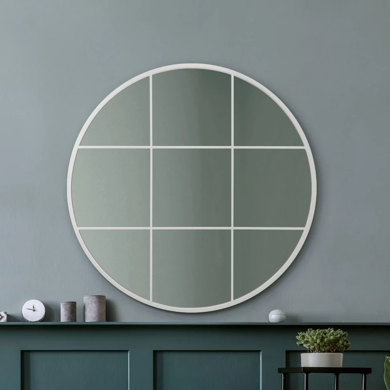 MirrorOutlet The Circulus - Solid White Metal Framed Window Modern Round Circular Wall Mirror 39" X 39" (100CM X 100CM) Silver Mirror Glass with Black All weather Backing.