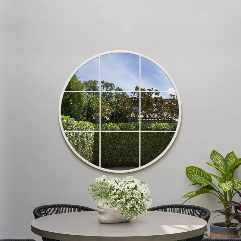MirrorOutlet The Circulus - Solid White Metal Framed Window Modern Round Circular Garden Wall Mirror 39" X 39" (100CM X 100CM) Silver Mirror Glass with Black All weather Backing.