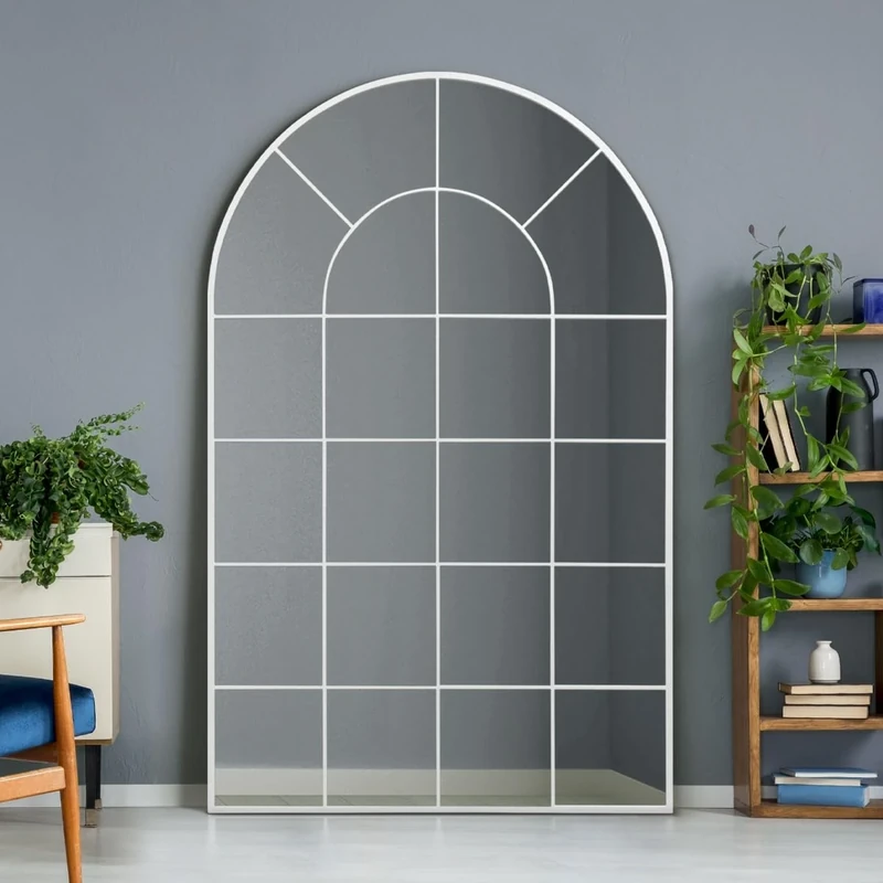 MirrorOutlet The Arcus - White Framed Window Modern Full Length Arched Leaner/Wall Mirror 75" X 47" (190CM X 120CM) Silver Mirror Glass with Black All weather Backing.