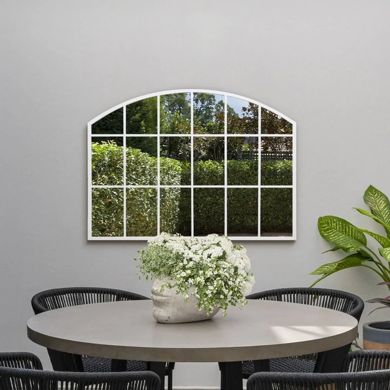 MirrorOutlet The Arcus - White Framed Modern Arched Garden Wall Window Mirror 35" X 26" (90CM X 65CM) Silver Mirror Glass with Black All weather Backing.