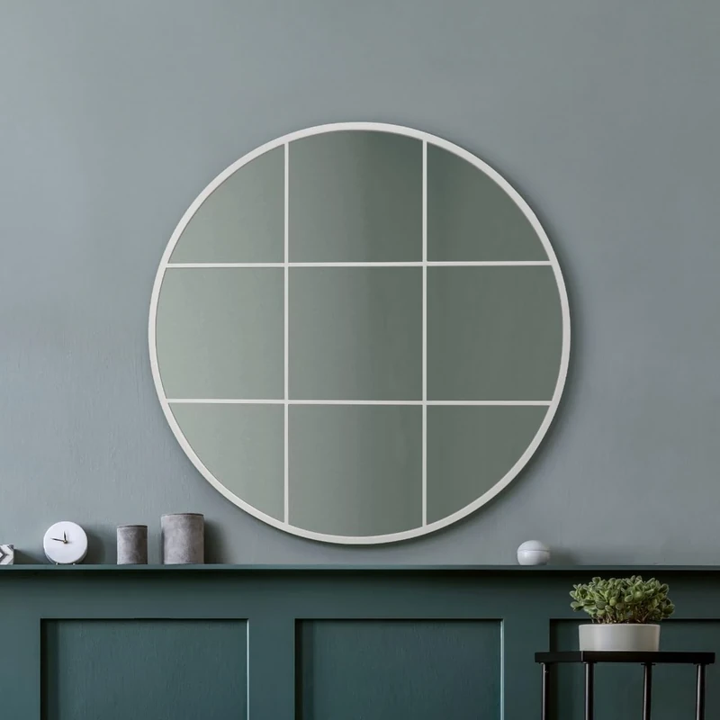 MirrorOutlet The Circulus - Solid White Metal Framed Window Modern Round Circular Wall Mirror 31" X 31" (80CM X 80CM) Silver Mirror Glass with Black All weather Backing.
