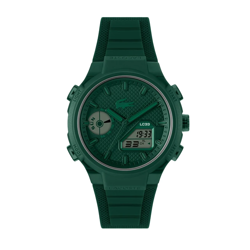 Lacoste Analog-Digital Multifunction Quartz Watch for Men LC33 Collection with Green Silicone Bracelet - 2011449