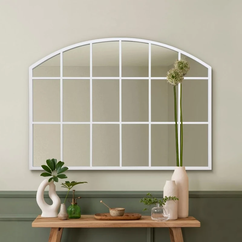 MirrorOutlet The Arcus - White Framed Modern Over Mantle Arched Wall Window Mirror 35" X 26" (90CM X 65CM) Silver Mirror Glass with Black All weather Backing.
