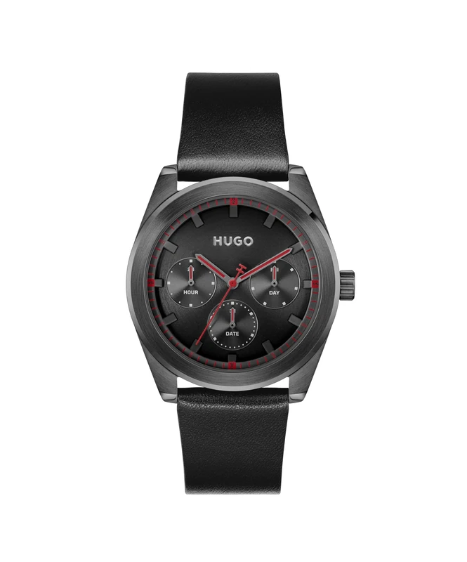 HUGO Analogue Multifunction Quartz Watch for Men #Bright Sport Collection with Black Leather Strap - 1530423