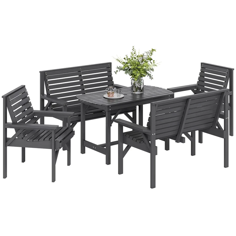 Outsunny 5 Piece Wooden Garden Dining Set for 6, Outdoor Conversation Set with 2 Armchairs, 2 Loveseats and Dining Table with Umbrella Hole for Patio, Balcony, Grey