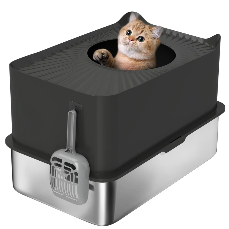 PawHut XXL Stainless Steel Cat Litter Tray, 65L Large Capacity Cat Litter Tray with Scoop and Non-Slip Pads, Easy to Clean, 60 x 40 x 38 cm, Black