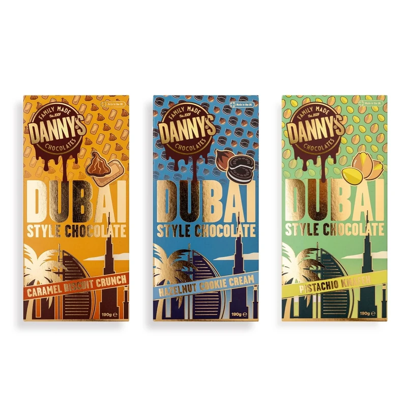 DANNY’S CHOCOLATE – Dubai Chocolate Bars Gift Box (3 x 190g) | Pistachio, Hazelnut Cookie Cream & Caramel Biscuit Crunch | Ethically Sourced Colombian Cacao | UK Made | Premium Gift Set