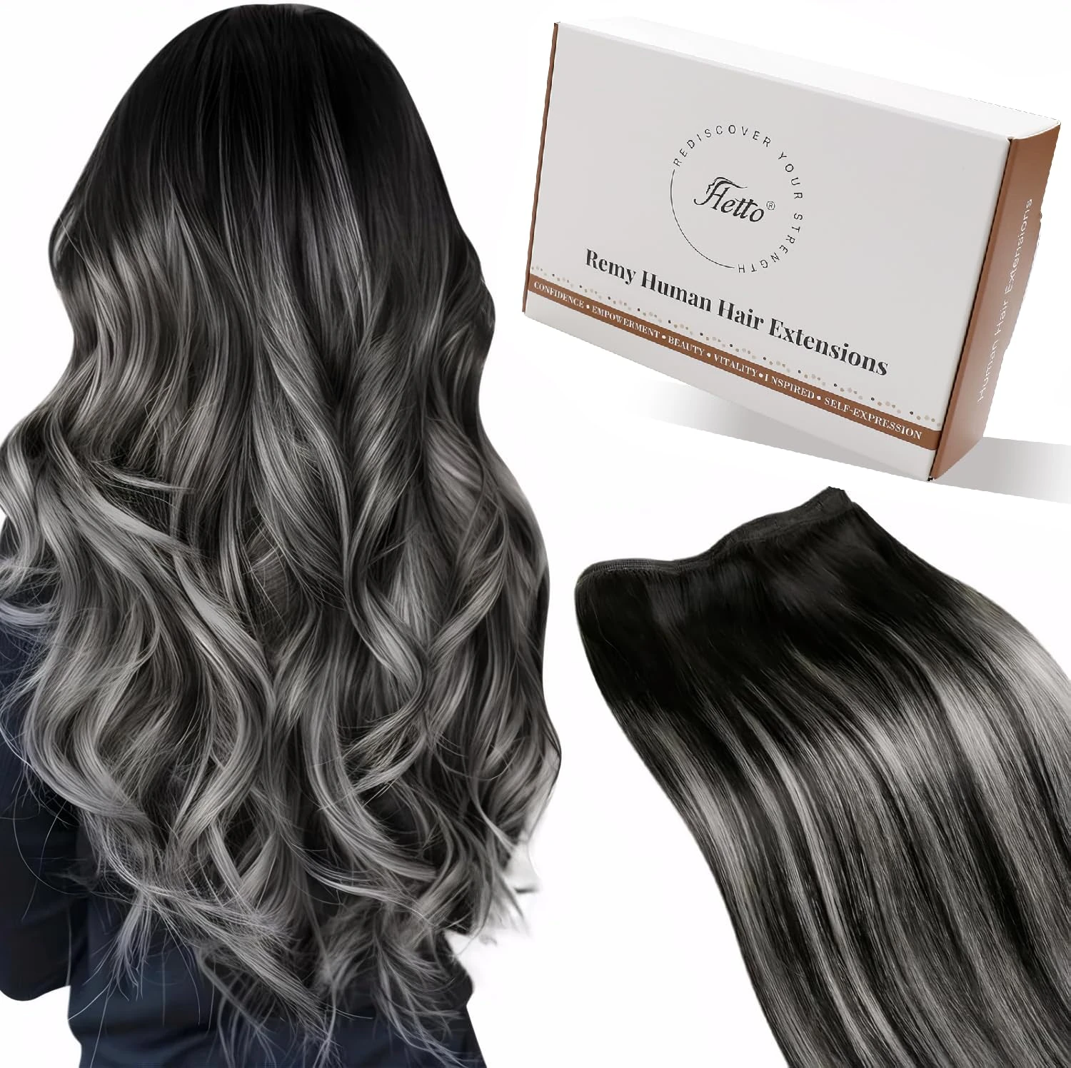 Hetto Sew in Hair Extensions Real Human Hair Weft Extensions Balayage Black Ombre Silver Hair Extensions Sew in Human Hair 12 Inch 70g #1B/Silver/1B