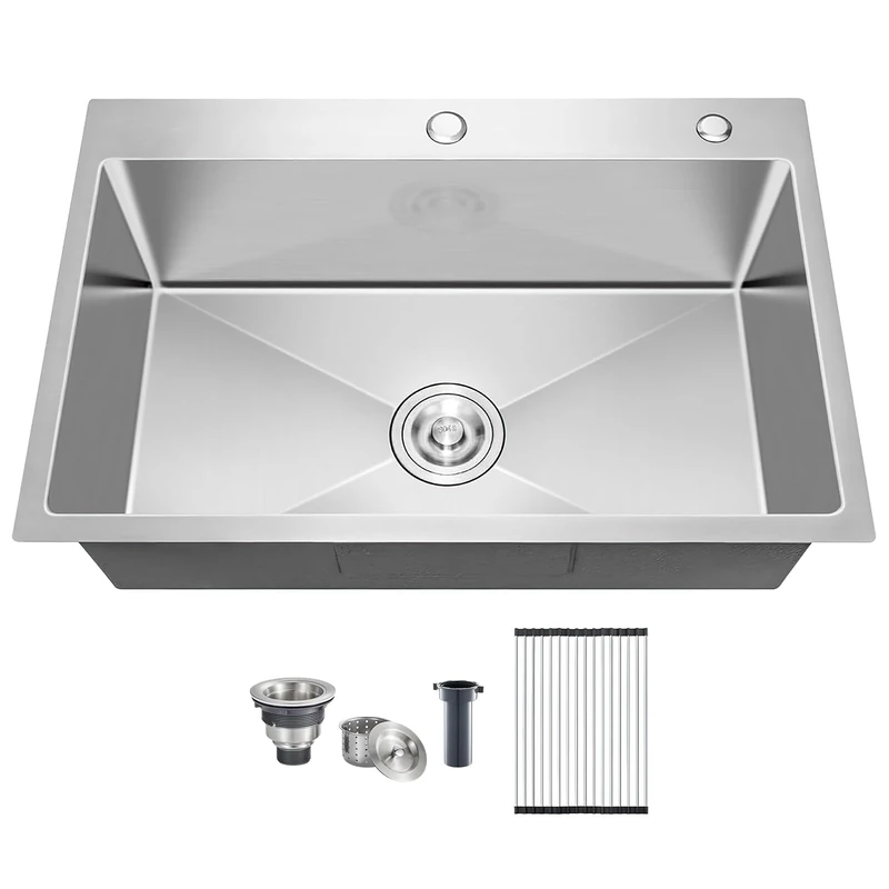 DuyviSteil 25x22 Inch Drop in Kitchen Sink, 18 Gauge 304 Stainless Steel Single Bowl Top Mount Sinks, Brushed Nickel Handmade Round Corner 25"x22"x9"