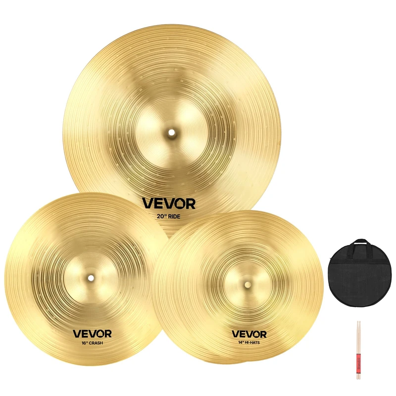 VEVOR Cymbal Pack, 3 Pieces Cymbals for Drum Set, Alloy Cymbals Drum Set Includes 14-inch Hi-Hats, 16-inch Crash, 20-inch Ride, Drumsticks & Cymbal Bag, Pack for Drummer, Bright Copper