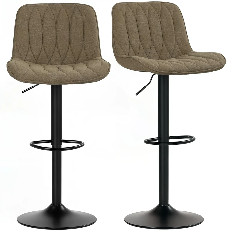 HOMCOM Bar Stools Set of 2, Height Adjustable Swivel Barstools with Backrest and Footrest, Modern Linen Upholstered Armless Bar Chairs for Kitchen, Breakfast Counter, Brown