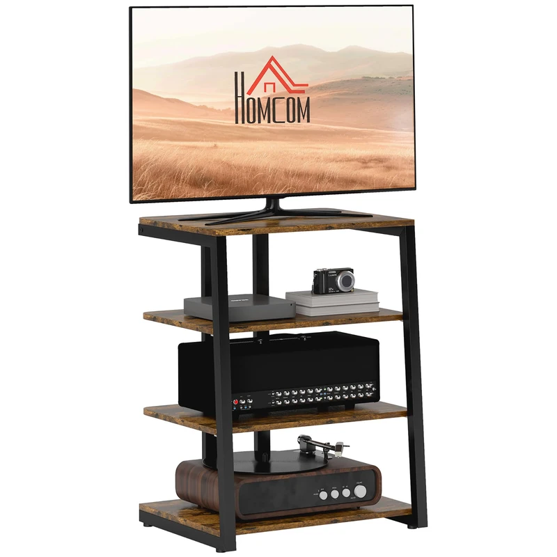 HOMCOM HiFi Stand, 4-Tier Media Storage Shelf with Adjustable Shelves, Power Strip Rack for Router, Record Player, Printer, Industrial TV Stand for up to 28 Inch TVs, Rustic Brown