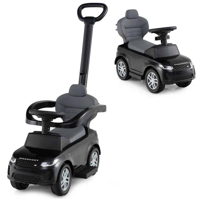 GYMAX 3 in 1 Kids Ride on Push Car, Toddler Push Along Car with Handle, Guardrails, Sound & Horn, Underneath Storage, Licensed Land Rover Discovery Sliding Toy for 12-36 Months Old (Black)