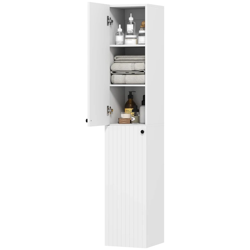HOMCOM 300 x 1610 mm Wall Mounted Tall Bathroom Cabinet with Soft-Close Hinges, Slim Bathroom Storage Cabinet with 2 Doors, Modern Narrow Storage Cupboard, White