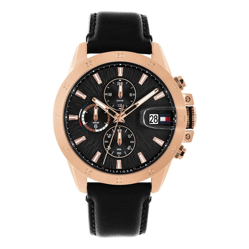 Tommy Hilfiger Dual Time Watch for Men with Black Leather Strap - 1792194