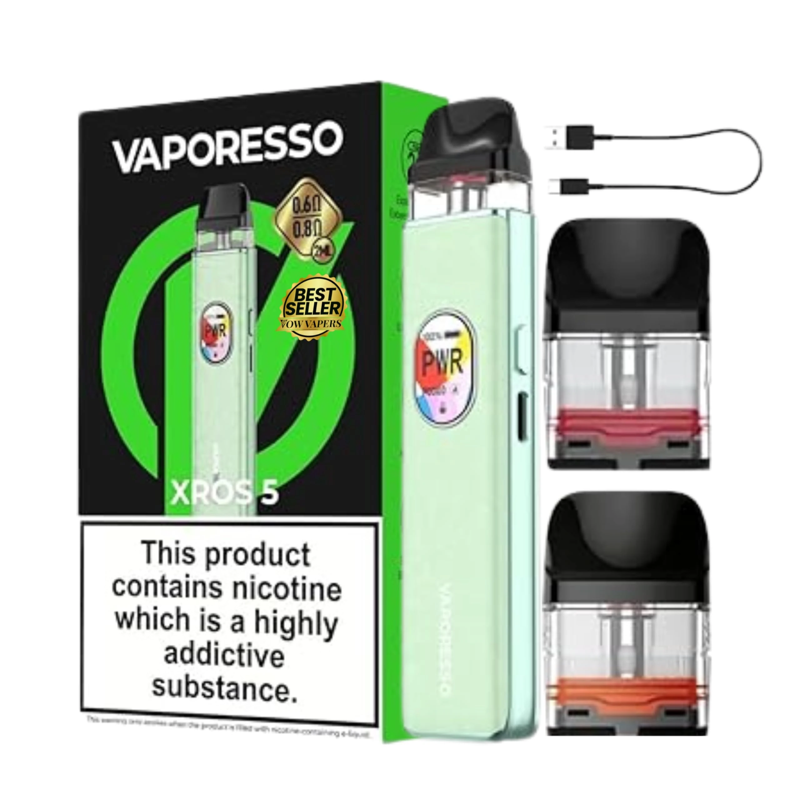 Vaporesso Xros 5 Vape Pod Kit, 1500mAh battery, 30w, Type-C fast charging, [10 Colours] 0.88" HD Screen includes two XROS Series Mesh Pods (0.6Ω & 0.8Ω) (Jade Green)