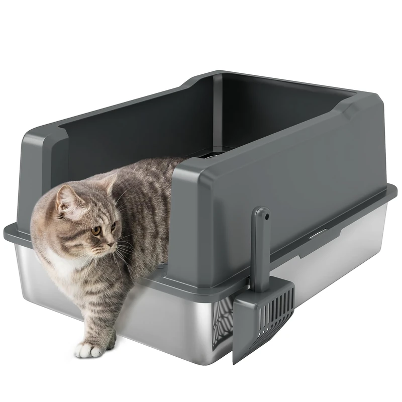 PawHut XXL Stainless Steel Cat Litter Tray, 85L Large Capacity Semi-Closed Cat Litter Box with Scoop and Non-Slip Pads, Easy to Clean, 28" x 20" x 14", Grey