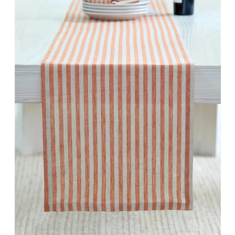 Solino Home Table Runner 120 Inches Long - Amalfi Stripe, 100% Pure Linen Pumpkin and Natural Table Runner 14 x 120 Inch for Dining, Summer, Fall