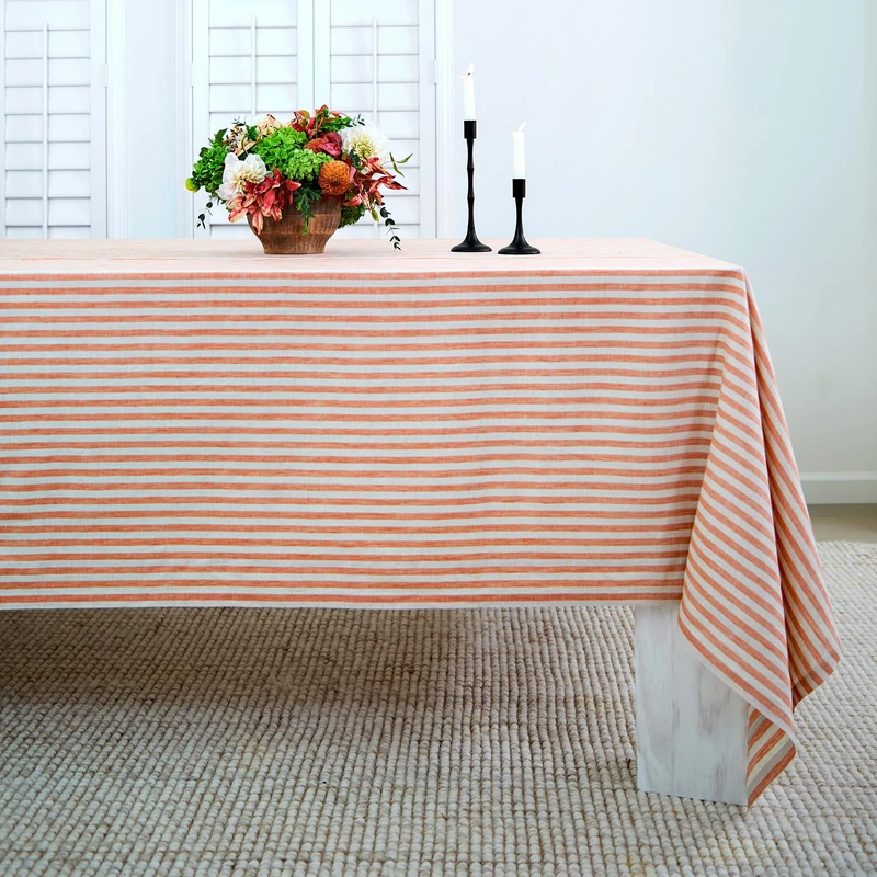 Solino Home 100% Linen Tablecloth, 60 x 120 in, Pumpkin and Natural Striped