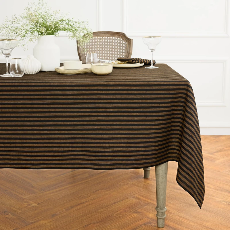 Solino Home 100% Pure Linen Tablecloth, 60 x 108 in, Brown and Black Stripe