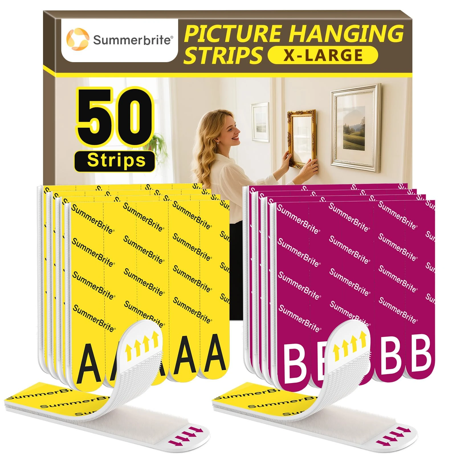 Summerbrite Picture Hanging Strips Heavy Duty 25 Pairs(50 Strips,XL),Damage Free Hanging Adhesive Strips,Mounting Tapes Removable,No Nails for Picture Photo Frames Hanger