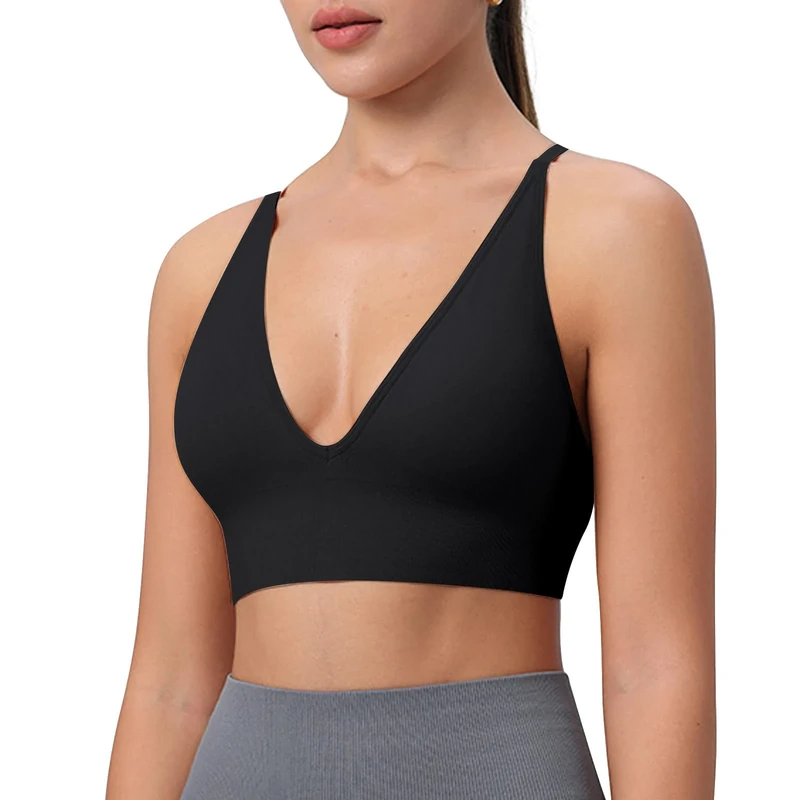 Runmeihe Sports Bras for Women with Padded Deep V Seamless Wirefree Criss Cross Bralette for Workout Yoga Crop Top Bra (UK, Alpha, S, Regular, Regular, Black)