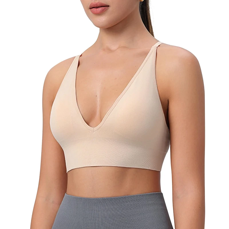 Runmeihe Sports Bras for Women with Padded Deep V Seamless Wirefree Criss Cross Bralette for Workout Yoga Crop Top Bra (UK, Alpha, S, Regular, Regular, Skin)