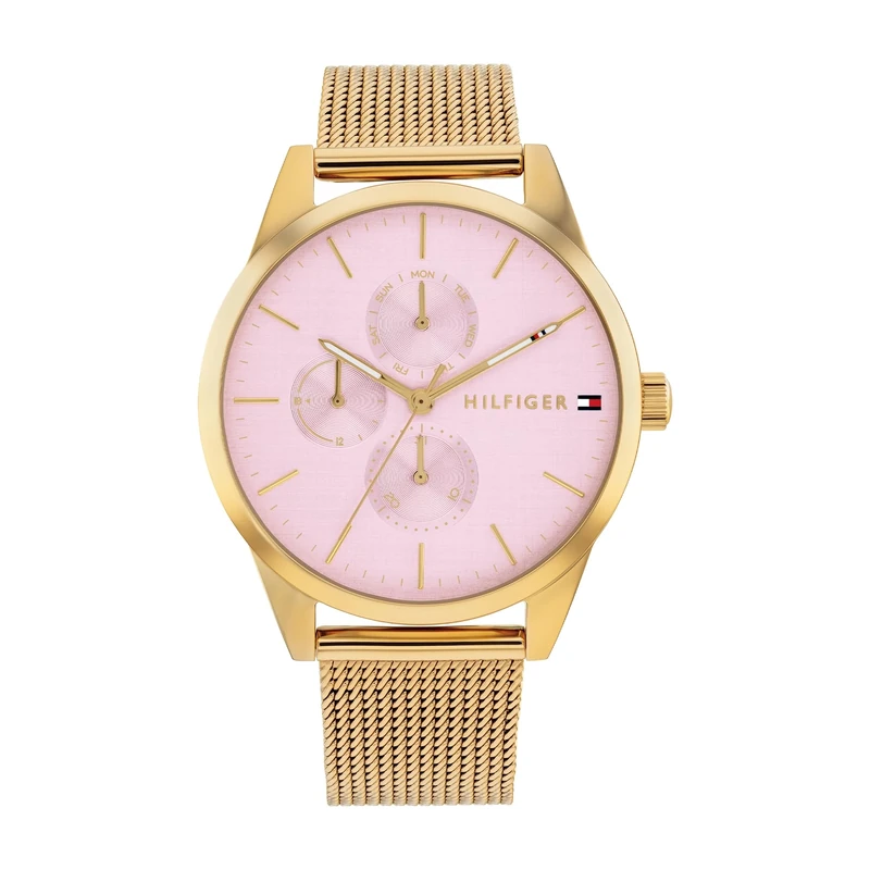 Tommy Hilfiger Analogue Multifunction Quartz Watch for Women with Gold Colored Stainless Steel Mesh Bracelet - 1782769