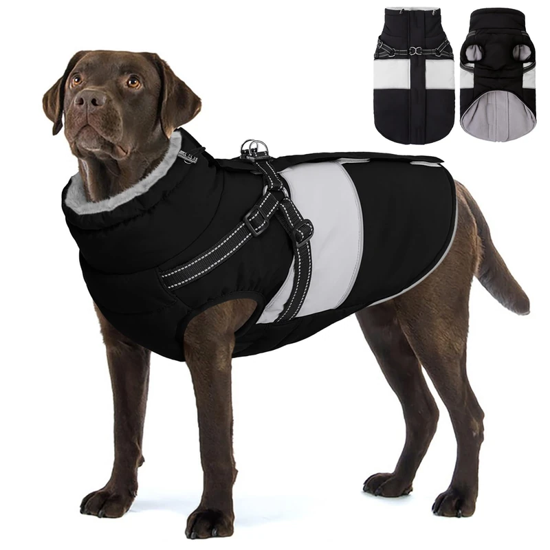 AOFITEE Dog Coat, Large Dog Jacket, Dogs Coat with Harness Built in, Reflective Waterproof Dogs Jackets Winter with Furry Collar, Warm Polar Fleece Pet Sweater Snowsuit for Doberman, Great Dane, XXL
