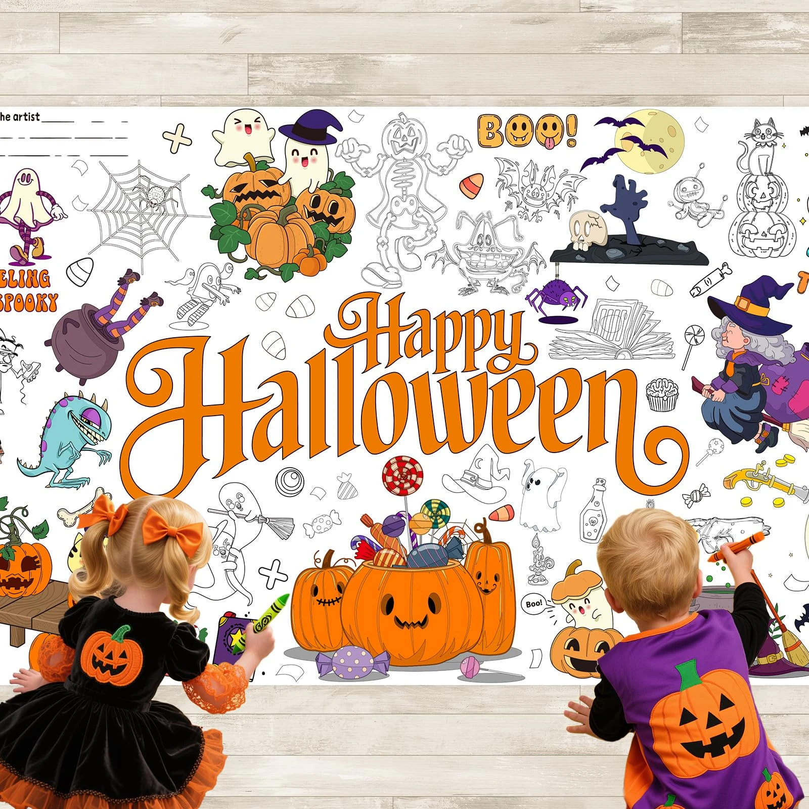 AinDen Halloween Giant Colouring Table Cover Poster for Kids – 183 x 76 cm Jumbo Colouring Banner, Halloween Arts & Crafts Activities, Party Supplies, Favour Decorations for Kids, Classroom