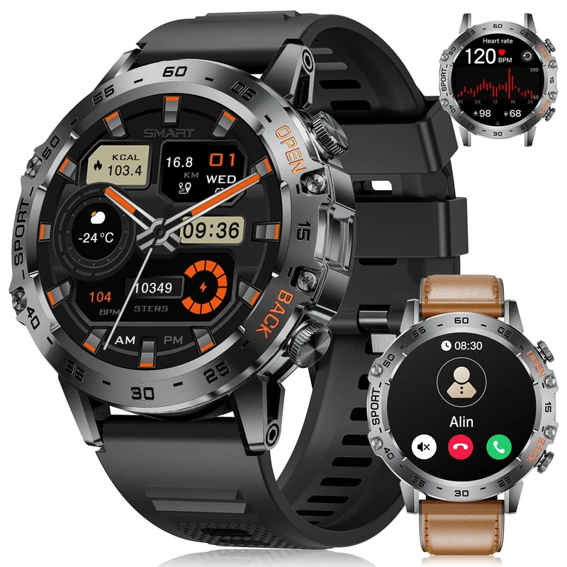 LIGE Smart Watch for Men,1.45″ Amoled Touch Screen Smartwatch with Call,IP68 Waterproof Fitness Watch with Heart Rate,Pedometer,Sleep Monitor,100+ Sports Modes for iOS/Android,Silicone/Leather