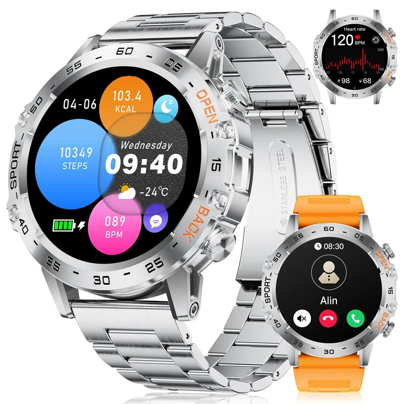 LIGE Smart Watch for Men,1.45″ Amoled Touchscreen Smartwatch with Call,IP68 Waterproof Fitness Watch with Heart Rate,Pedometer,Sleep Monitor,100+ Sports Modes Sports Watch for iOS/Android,Silver