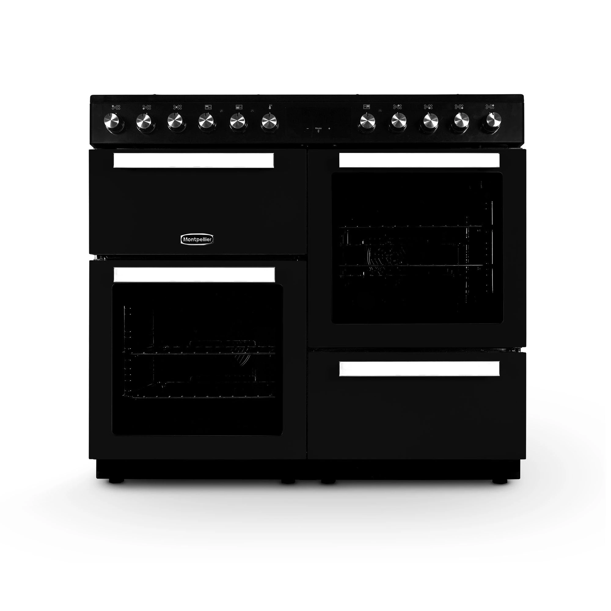Montpellier MDFRC100K 100cm Dual Fuel Range Cooker – Black – 7 Gas Burners, 2 Electric Ovens, Separate Grill, Cast Iron Pan Supports