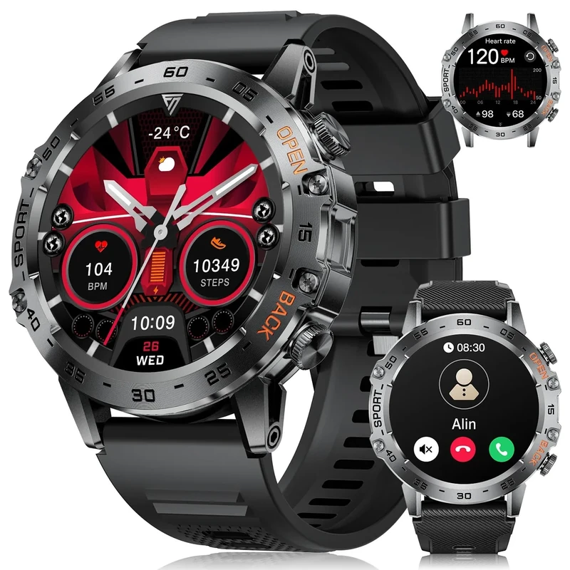 LIGE Smart Watch for Men,1.45″ Amoled Touch Screen Smartwatch with Call,IP68 Waterproof Fitness Watch with Heart Rate,Pedometer,Sleep Monitor,100+ Sports Modes Sports Watch,for iOS/Android,2 Silicone