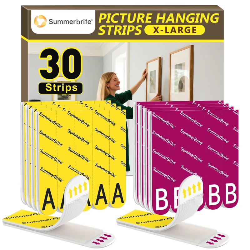 Summerbrite Picture Hanging Strips Heavy Duty 15 Pairs(30 Strips,XL),Damage Free Hanging Adhesive Strips,Mounting Tapes Removable,No Nails for Picture Photo Frames Hanger